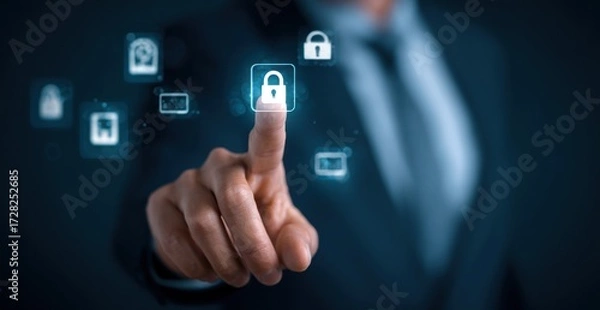 Fototapeta A person's finger touches a digital lock icon, symbolizing security and digital access control in a dark, professional environment.