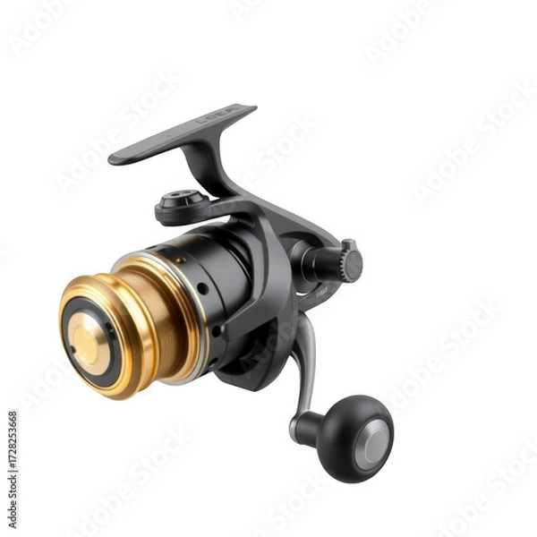 Fototapeta Close up of a black and gold fishing reel with a black handle against a solid black background