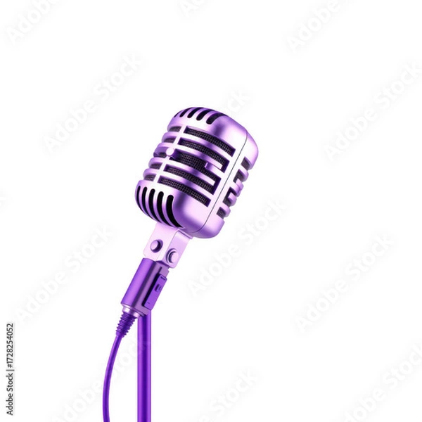 Fototapeta Vintage retro microphone on a stand illuminated by purple light against a dark background