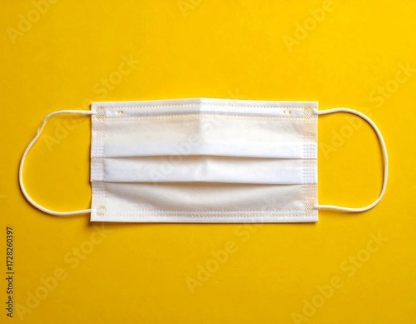 Fototapeta Single white protective face mask on a vibrant yellow background