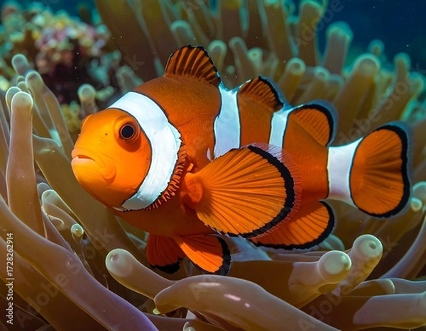 Obraz Vibrant clownfish nestled amidst anemone's delicate embrace