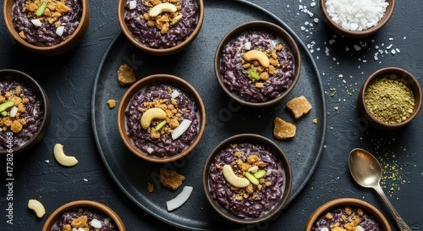 Fototapeta Overhead view of black rice pudding bowls with cashew and coconut on a dark tray background