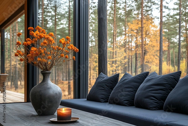 Obraz Cozy Cabin Interior with Autumn Forest View and Modern Sofa 