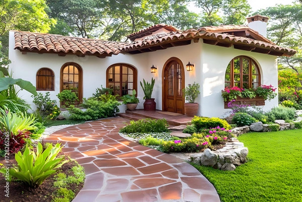 Obraz Charming Spanish Style Home with Lush Garden Pathway