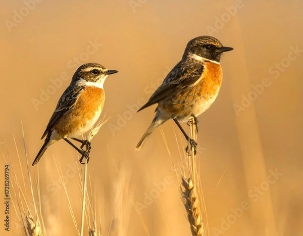 Fototapeta Two birds perched on golden stalks, a serene rural scene