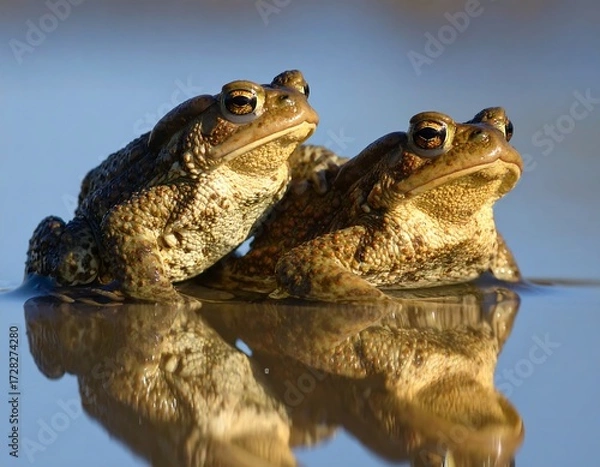 Fototapeta Two Frogs Resting on a Calm Water Surface