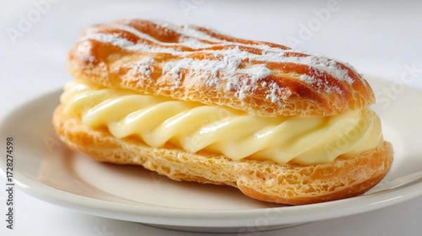 Fototapeta サクサクのシュー生地に濃厚なカスタードクリームがたっぷり詰まった粉砂糖がけの美しいエクレア