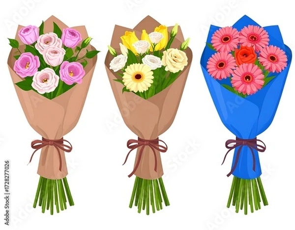 Fototapeta Vibrant flower bouquets in assorted wrapping styles