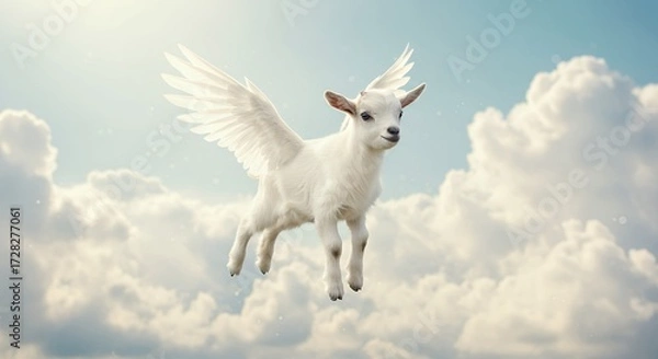 Fototapeta Whimsical flying goat in a cloudscape fantasy creature dreamlike sky conceptual imagery