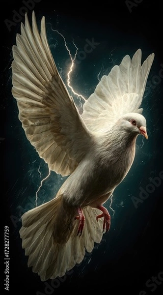 Obraz A majestic white dove soars through a dramatic storm, illuminated by powerful lightning bolts.