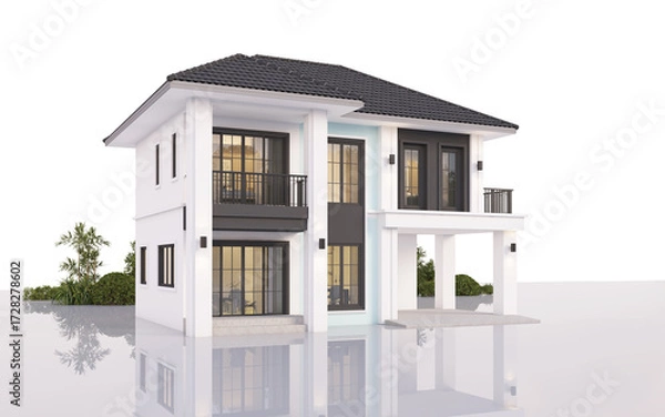 Fototapeta Architecture 3d rendering illustration of modern  house on white background