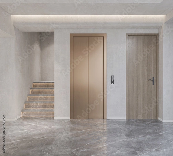 Fototapeta Interior area with elevators and stairs 3D render.