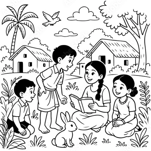 Obraz Grandma storytelling under neem tree in Tamil village – line art illustration 