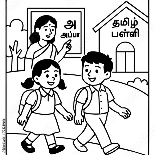 Obraz Grandma storytelling under neem tree in Tamil village – line art illustration 