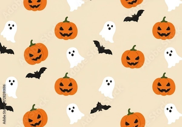Fototapeta Halloween Pattern with Pumpkins Ghosts and Bats.