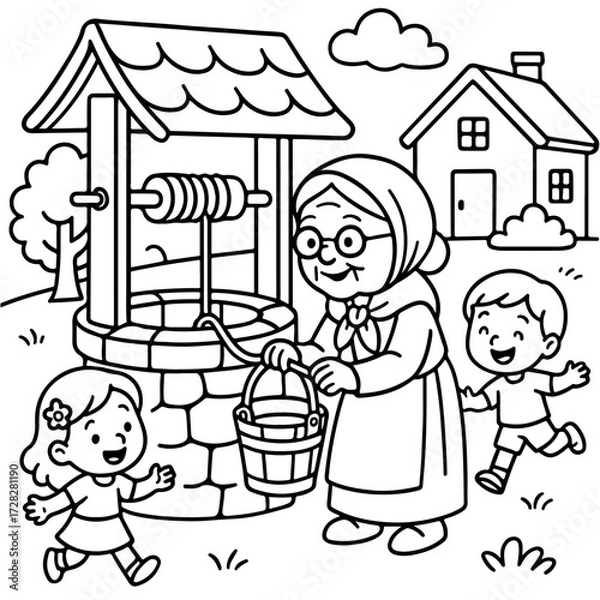 Obraz Grandma storytelling under neem tree in Tamil village – line art illustration 