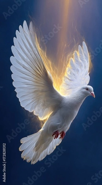 Obraz A majestic white dove in flight, bathed in golden light, soars against a deep blue backdrop.