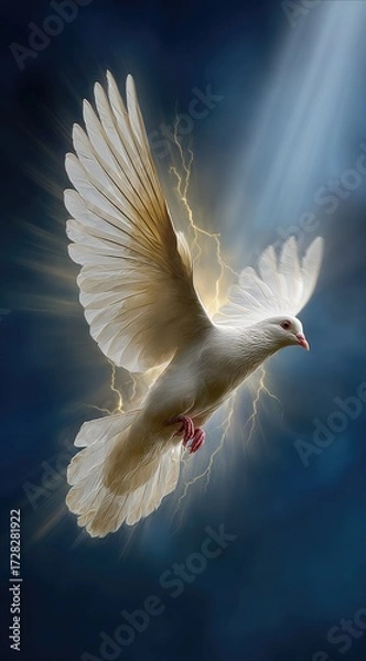 Obraz A majestic white dove soars through a dramatic sky filled with vibrant lightning, illuminated by a radiant light source.