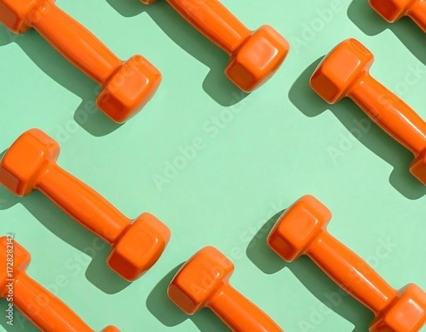 Obraz Vibrant Orange Dumbbells on Mint Green Background