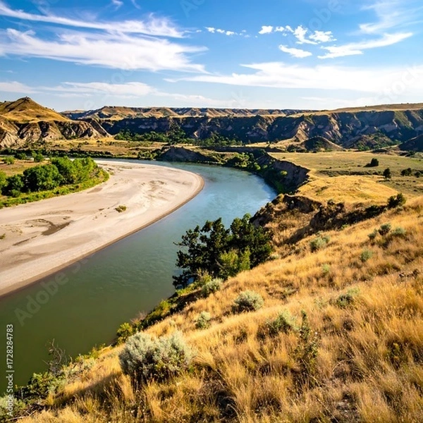 Obraz Panoramic view of a meandering river through a dry grassland landscape