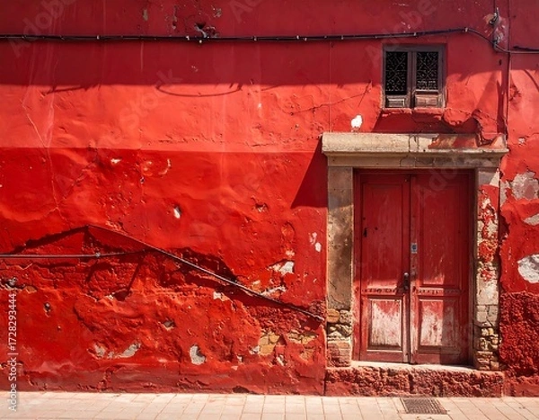 Obraz Vibrant Red Structure with Weathered Wall and Doorway