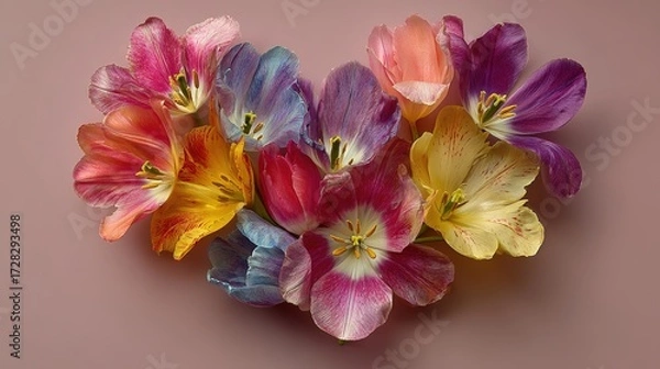 Fototapeta Flower in Shape of a Heart Made of Tulip Petals. A Romantic and Creative Floral Design.