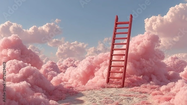 Fototapeta Step Ladder Leading to Clouds. Minimal Pink Composition Illustrating Growth, Future, and Development Concept.