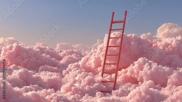 Fototapeta Step Ladder Leading to Clouds. Minimal Pink Composition Illustrating Growth, Future, and Development Concept.