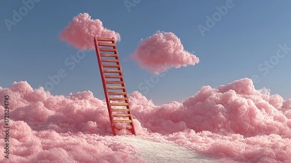Fototapeta Step Ladder Leading to Clouds. Minimal Pink Composition Illustrating Growth, Future, and Development Concept.