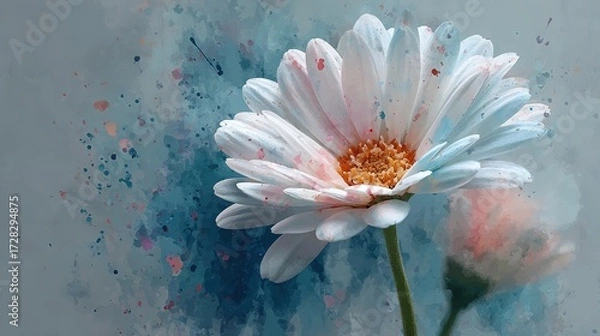 Fototapeta White Daisy Flower with Pastel Blue and Pink Ink. Creative Abstract Spring Nature for a Summer Bloom Concept.