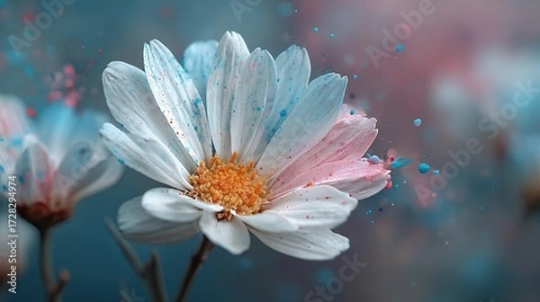 Fototapeta White Daisy Flower with Pastel Blue and Pink Ink. Creative Abstract Spring Nature for a Summer Bloom Concept.