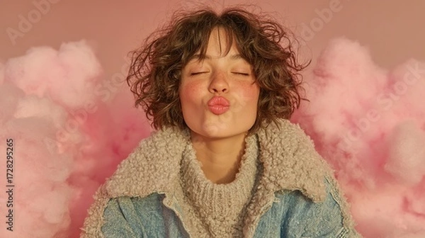 Fototapeta Woman Blowing Kisses on a Cloud Against a Pink Background. Romantic and Playful Gesture in a Soft and Dreamy Setting