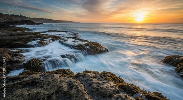 Obraz Coastal sunset over rocky shore.  Waves cascading over rocks at golden hour