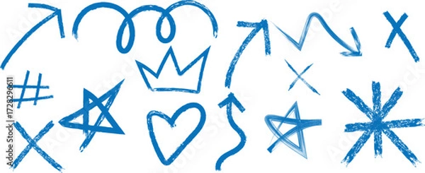 Fototapeta Blue crayon arrow,star, love with curved and straight, spiral and zigzag, circular, wavy directional pointers. Vector hand drawn brush stroke for presentation, infographics or educational materials.