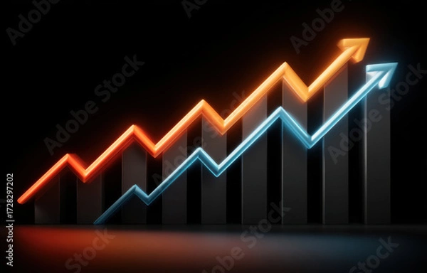 Fototapeta Upward trending graph with glowing orange and blue arrows rising over black bar chart columns, symbolizing growth and success in business or finance