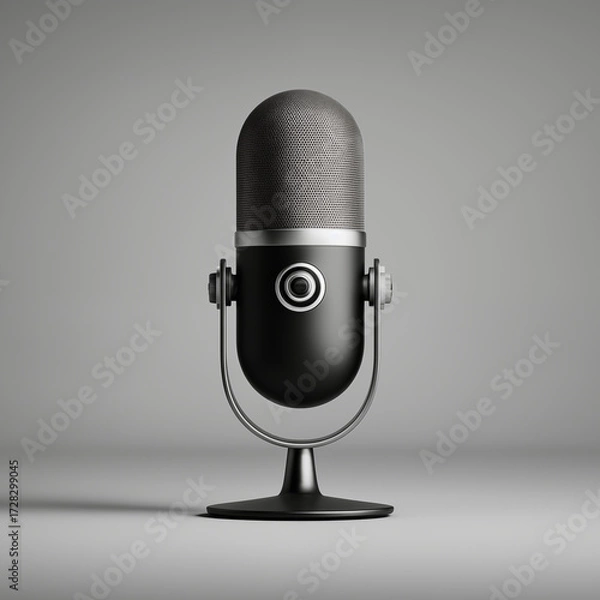 Fototapeta Professional microphone with mesh grille on stand against neutral background for podcast recording and audio content creation