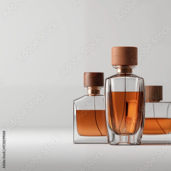 Fototapeta Luxury perfume bottles with amber liquid and wooden caps arranged on white surface for fragrance and cosmetics concept