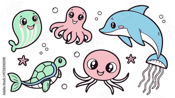 Fototapeta Cute Kawaii Sea Animals Sticker Icon Set – Smiling Fish, Chubby Dolphin, Baby Turtle, Happy Octopus, Seahorse, Crab, Starfish, Jellyfish, Whale and Shark Vector Pack