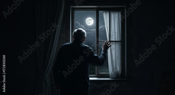 Fototapeta An elderly man sits near the window of an old house all alone.