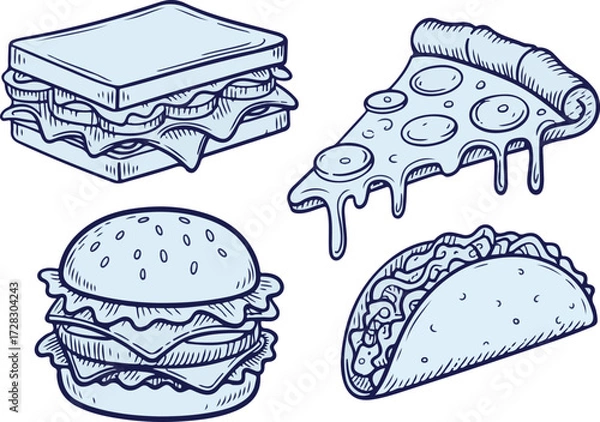 Obraz Delicious Food Collection Sandwich, Pizza Slice, Burger, and Taco Line Art Illustration on Transparent Backdrop