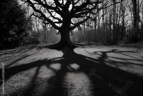 Obraz black and white tree shadow,spooky tree in the night,spooky halloween background,Scary tree Shadow overlay effect for halloween background,Scary treen and shaow in the forest