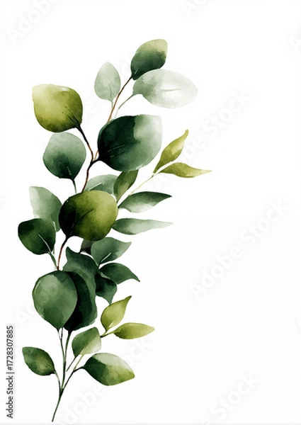 Fototapeta Eucalyptus branch with green leaves painted in watercolor style on white background, botanical illustration for natural decoration