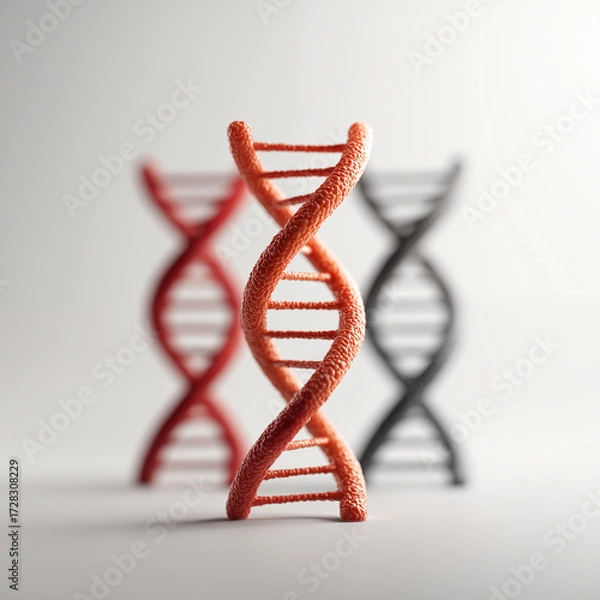 Fototapeta DNA double helix structure with genetic code strands in red color isolated on white background, concept of genetic research and biotechnology