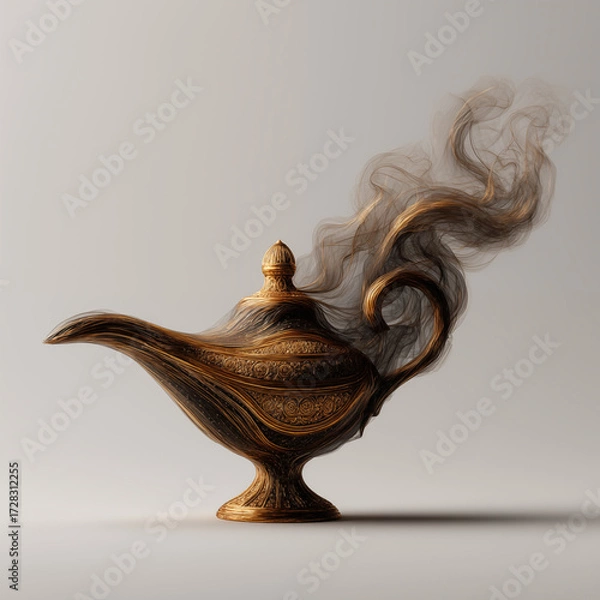 Fototapeta Magic lamp with ornate golden patterns releasing mystical smoke swirls on neutral background for fantasy storytelling