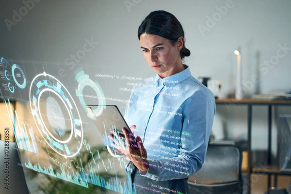 Fototapeta Business Professional Interacting With Holographic Digital Interface For Technology Security Data Analytics And Innovation In Modern Office