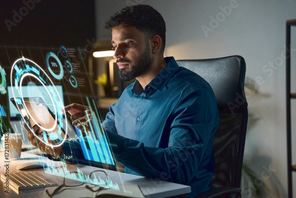 Fototapeta Tech Professional Analyzing Data On Futuristic Holographic Interface At A Desk In Modern Office Space
