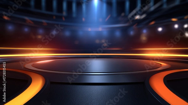 Fototapeta Futuristic stage with glowing orange light strips and dark metallic circular platform under spotlight in modern studio environment with blurred background