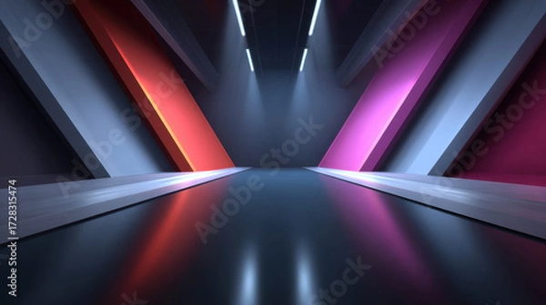Fototapeta Futuristic corridor with glowing red and purple angled walls reflecting on shiny floor under ceiling lights, creating vibrant and modern atmosphere