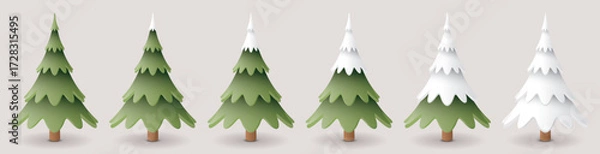 Fototapeta Set of 3D cute pine trees covered by snow isolated graphic illustration.