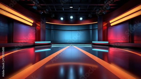 Fototapeta Futuristic news studio interior with glowing orange and blue lights, sleek reflective floor, and modern design creating dynamic and vibrant atmosphere